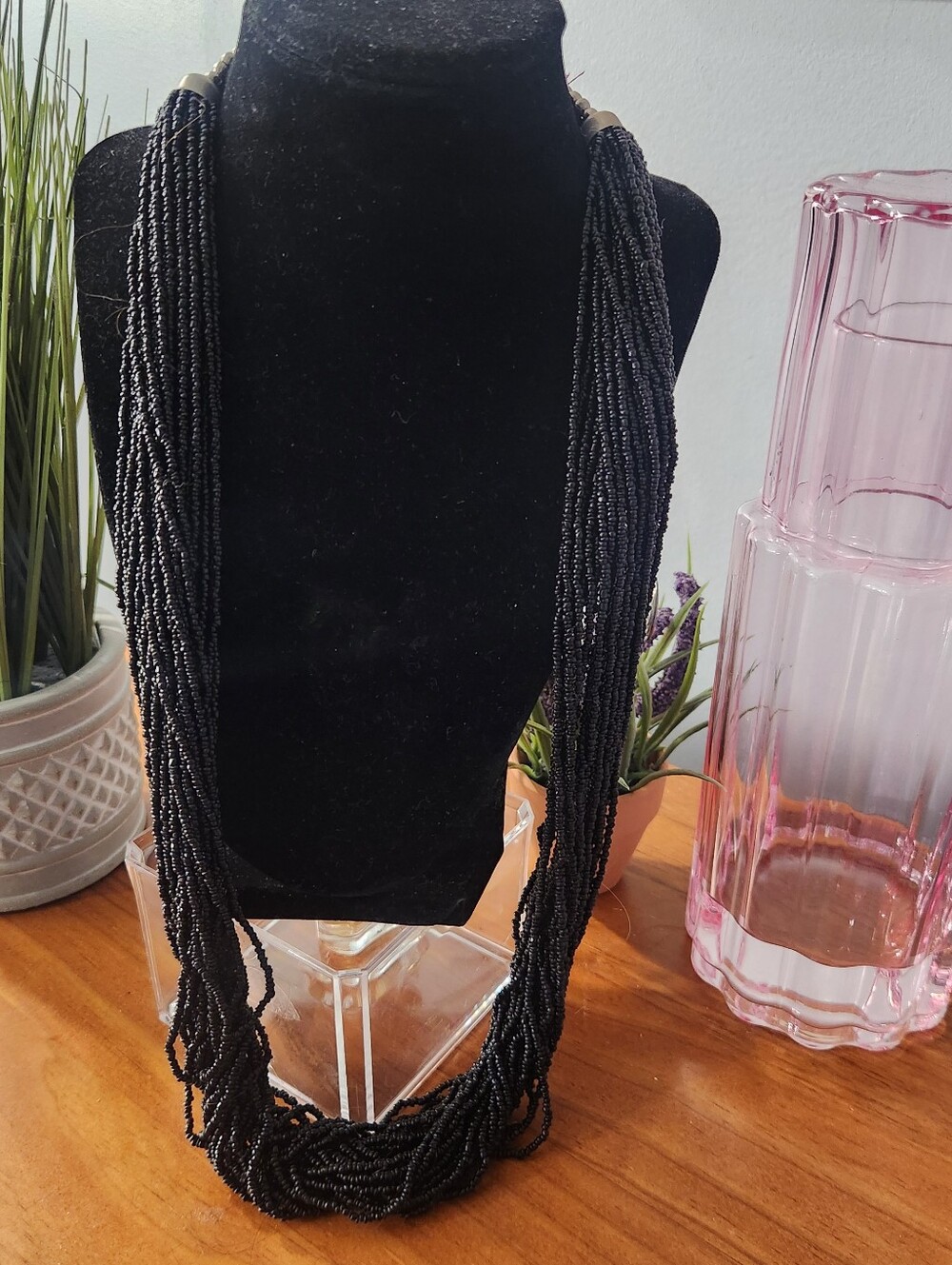Vintage Black Multistrand Beaded Necklace With Silver Clasp